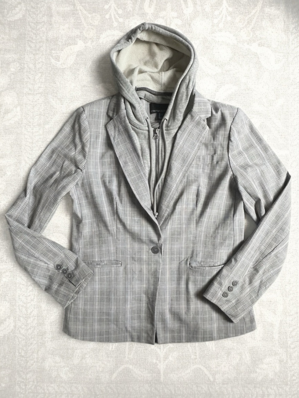 Cynthia Rowley Gray Plaid Blazer Detachable Hoodie Sz L